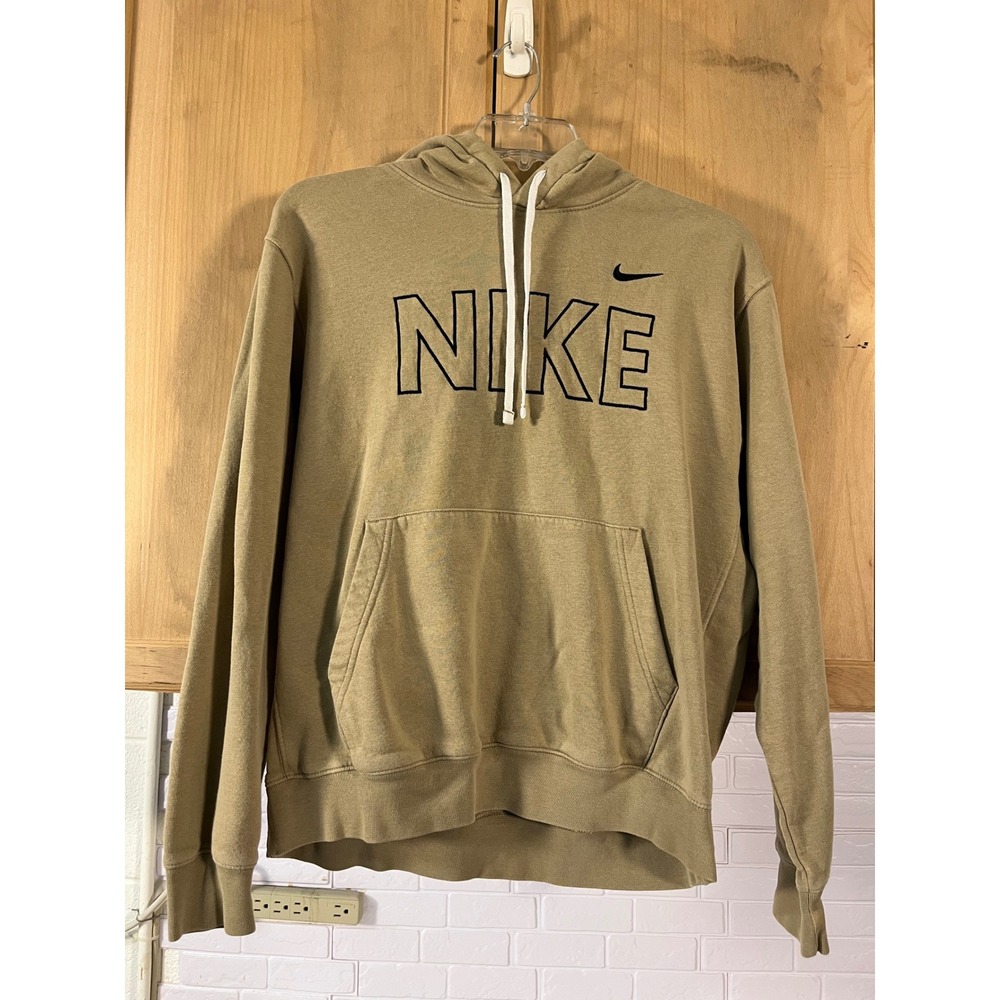Nike Hoodie Mens Large Tan Khaki Spellout Logo Fleece Pullover Sweatshirt